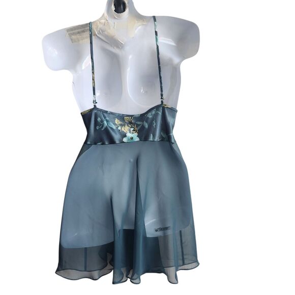 VTG Secret Treasures Sheer Baby Doll Chemise-Deep Teal-Floral Details-Coquette-L - Picture 8 of 12